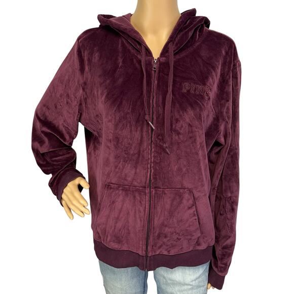Victoria's Secret PINK Velour Perfect Full Zip Jacket Hoodie Plum Size L - Picture 3 of 12